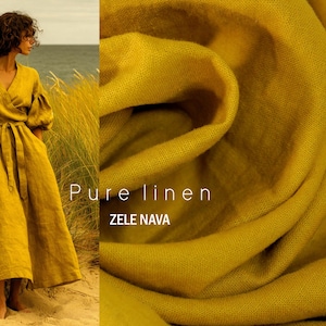100% Washed Linen Fabric by the Yard - Golden Mustard, Saffron Linen - OEKO-TEX Certified, Medium Weight Linen fabric for Clothing, Curtains