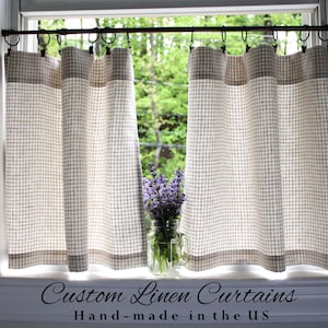 Check linen curtains | Gingham Linen Curtains | Clip ring Cafe Curtains | Soft Mediumweight Kitchen Curtains | Custom Sizes | 1 Panel
