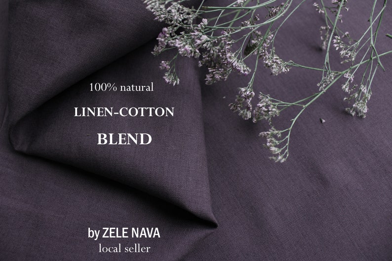 Może przedstawiać: Zbliżenie na ciemnoszary materiał z mieszanki lnu i bawełny z tekstem "100% natural LINEN-COTTON BLEND by ZELE NAVA local seller".