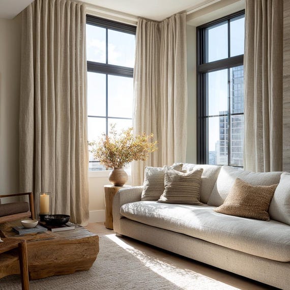 Oatmeal Linen Curtains Prewashed - Medium-Heavy 100% Natural Linen Window Drape - Custom Linen Curtains - HANDMADE in the US - 1 PANEL