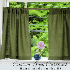 Moss Green Linen Kitchen Curtains - Soft, Preshrunk Café Style / Short Linen Curtains Farmhouse / Custom Curtains / 1 Curtain Panel