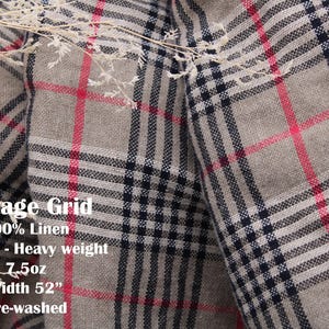 May include: A beige linen fabric featuring a plaid pattern with black and red grid lines. The text on the fabric reads: Vintage Grid, 100% Linen, Medium - Heavy weight, 7.5oz, Width 52", Pre-washed. The material has a visible woven texture.
