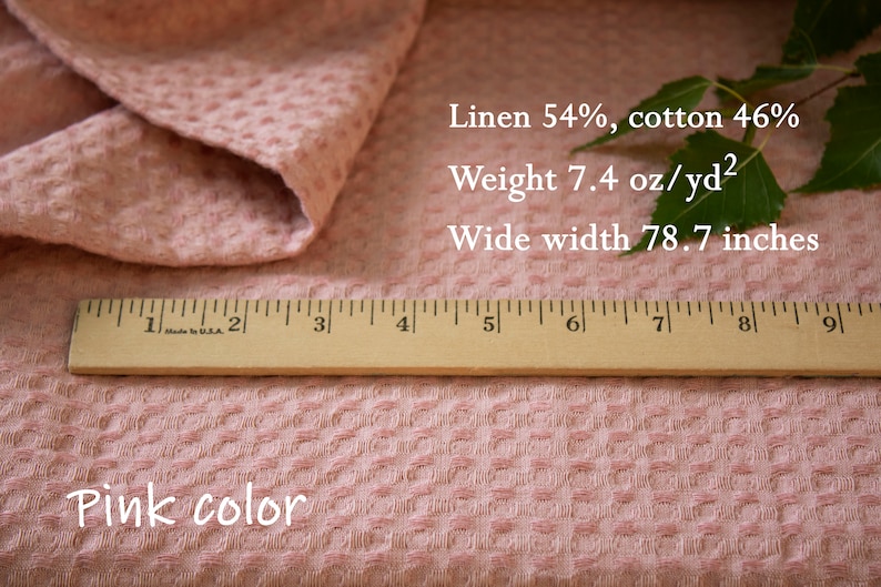 Wide European 100% Natural Softened Waffle Fabric by the yard Pink color Medium weight toweling fabric for sewing kitchen, bathroom textile Pink