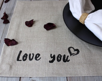 Handprinted Linen Placemats LOVE | Heavyweight Undyed Linen Table Mats | Handmade Linen Placemats Rustic | Valentine placemats