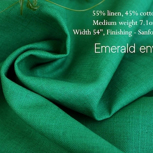 May include: Close-up of emerald green fabric with text: 55% linen, 45% cotton, medium weight 7.1 oz/240 gsm, width 54", finishing - sanforized, stiff. The text "Emerald envy" is also visible.