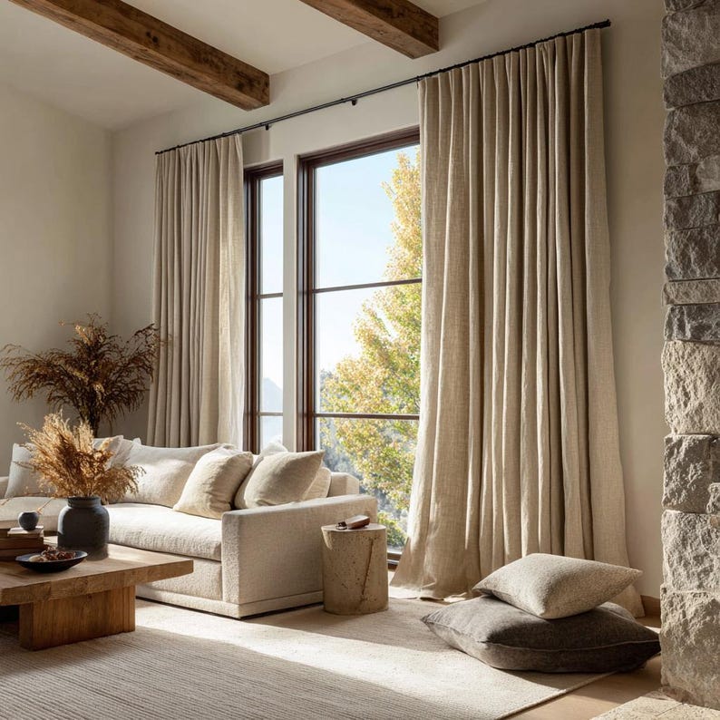 May include: A living room with neutral tones, featuring beige curtains, a light-colored sofa, and a wooden coffee table. The room is illuminated by natural light from a large window, with decorative pillows and a rug.