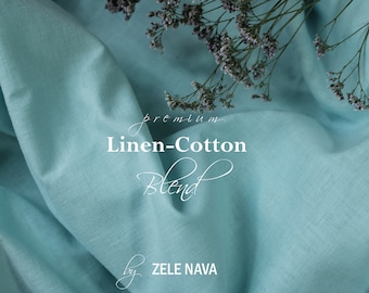 100% Natural Pale cyan Linen Cotton Blend Fabric by the yard for clothing / Lightweight linen blend fabric by the yard / SHIP FROM US