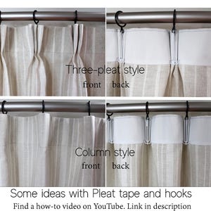 May include: Image showing two curtain styles: Three-pleat and Column. The front and back views of each style are displayed. The curtains are beige with vertical stripes, hanging from a metal rod with black rings. Text reads: "Some ideas with Pleat tape and hooks."