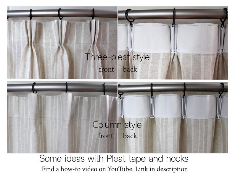 May include: Image showing two curtain styles: Three-pleat and Column. The front and back views of each style are displayed. The curtains are beige with vertical stripes, hanging from a metal rod with black rings. Text reads: "Some ideas with Pleat tape and hooks."