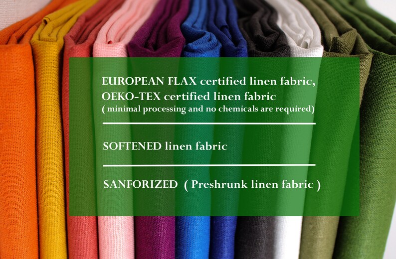K&ouml;nnte beinhalten: Nahaufnahme eines Stapels verschiedenerfarbiger Leinenstoffe. Der Stoff ist von EUROPEAN FLAX und OEKO-TEX zertifiziert, was bedeutet, dass er mit minimaler Verarbeitung und ohne Chemikalien hergestellt wird. Der Stoff ist au&szlig;erdem weich gemacht und sanforisiert, d. h. er ist vorgewaschen.