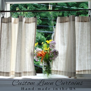 European Linen Striped Curtains / Natural Linen Cafe Curtains / Short Linen Curtains / CUSTOM Curtains / 1 Curtain Panel / Clip ring Curtain
