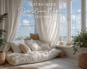 Extra Wide Antique White Linen Curtains Long - Prewashed Linen Window Drape - Custom Linen Curtains - HANDMADE in the US