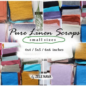 May include: A collection of pure linen fabric scraps in various colors, including orange, yellow, blue, and purple. The image displays small fabric pieces, with sizes of 4x4, 5x5, and 6x6 inches. The text on the image reads "Pure Linen Scraps" and "small sizes".