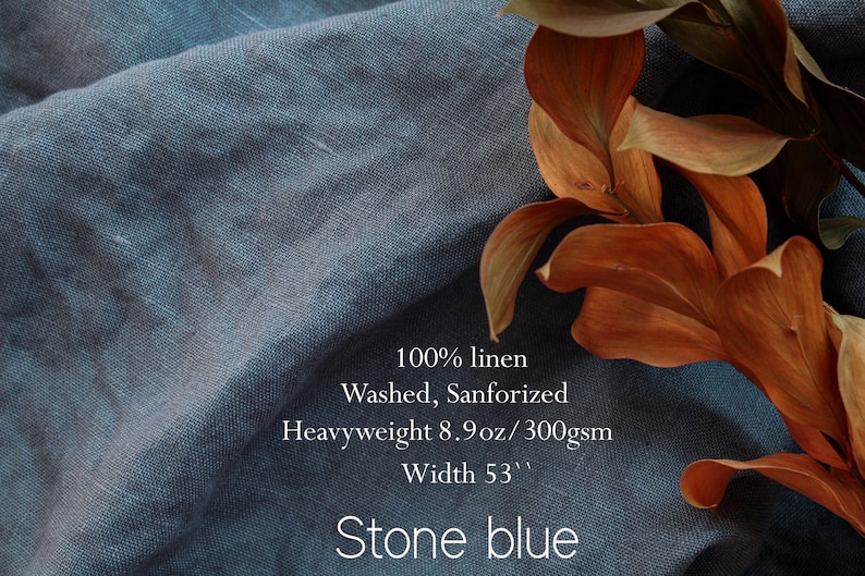 May include: Stone blue linen fabric with the text "100% linen Washed, Sanforized Heavyweight 8.9oz/300gsm Width 53"