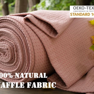 Wide European 100% Natural Softened Waffle Fabric by the yard Pink color Medium weight toweling fabric for sewing kitchen, bathroom textile image 1