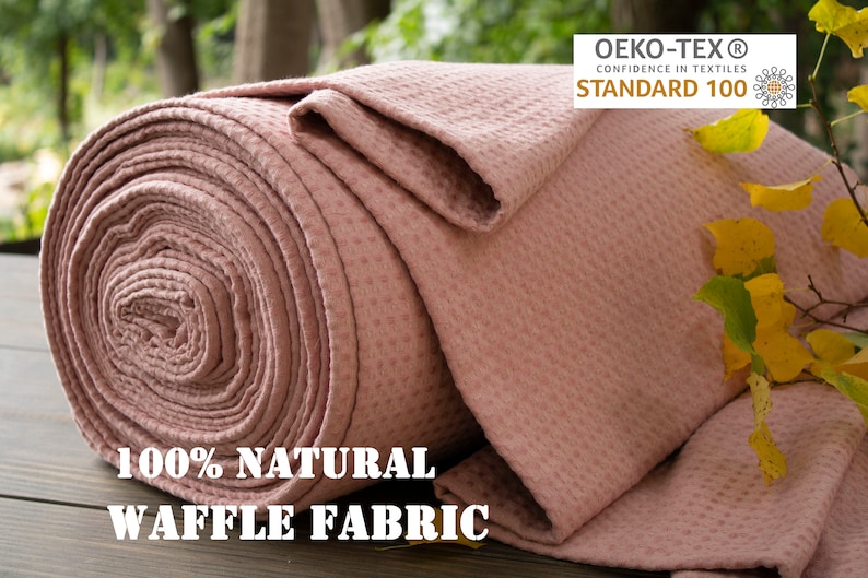 Wide European 100% Natural Softened Waffle Fabric by the yard Pink color Medium weight toweling fabric for sewing kitchen, bathroom textile image 1