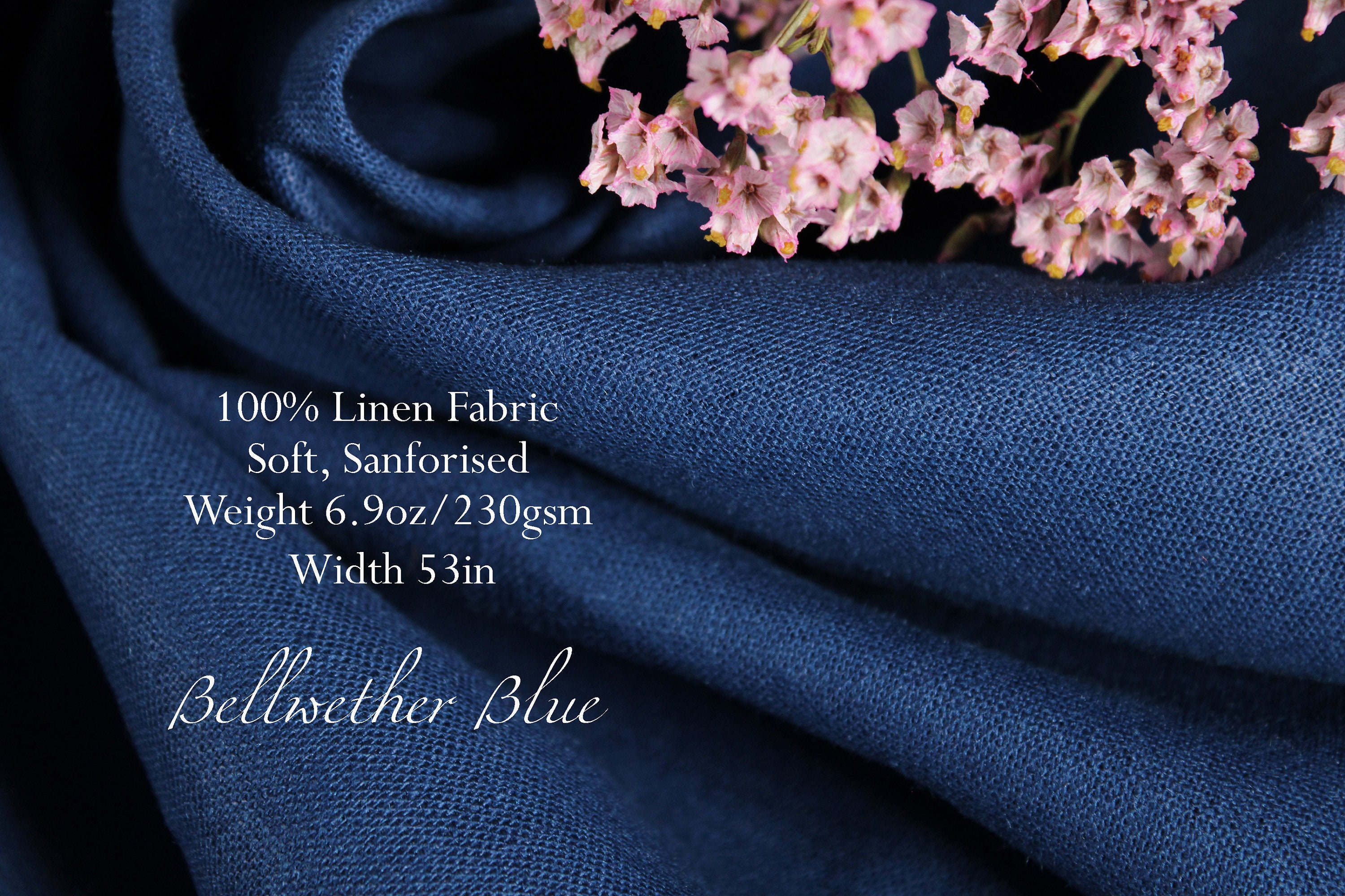 Blue fine linen fabric, 100% linen