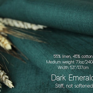 Green Linen Fabric by the yard - Moss Green Linen fabric for Clothing, for Curtains - Medium Heavy weight European Flax Linen Cotton Blend Dark emerald
