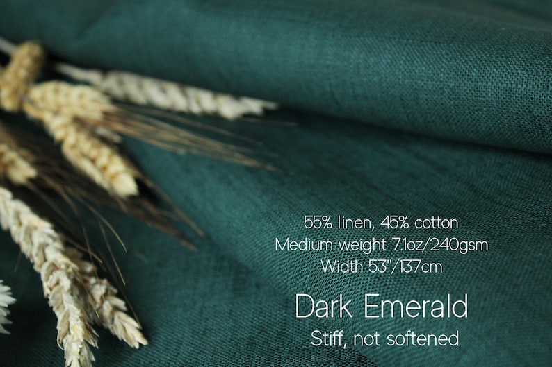 Green Linen Fabric by the yard - Moss Green Linen fabric for Clothing, for Curtains - Medium Heavy weight European Flax Linen Cotton Blend Dark emerald