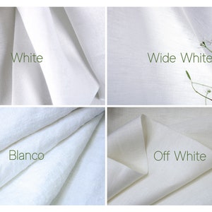 May include: Four fabric swatches in different shades of white. The swatches are labelled "White", "Wide White", "Blanco", and "Off White".