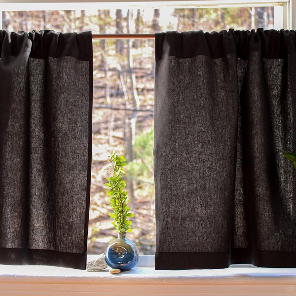 Linen Cafe Curtains / Black Linen Curtains made in USA / Kitchen curtains / Custom curtains / Short Linen Curtains /ONE Linen Curtain Panel