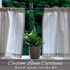 European Linen Striped Curtains / Natural Linen Cafe Curtains / Short Linen Curtains / CUSTOM Curtains / 1 Linen Curtain Panel / Rod Pocket