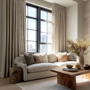 May include: A neutral-toned living room with a large window, beige curtains, and a cream-colored sofa. Decorative pillows in various shades of brown and beige adorn the sofa. A wooden coffee table and a tree stump side table add natural elements.