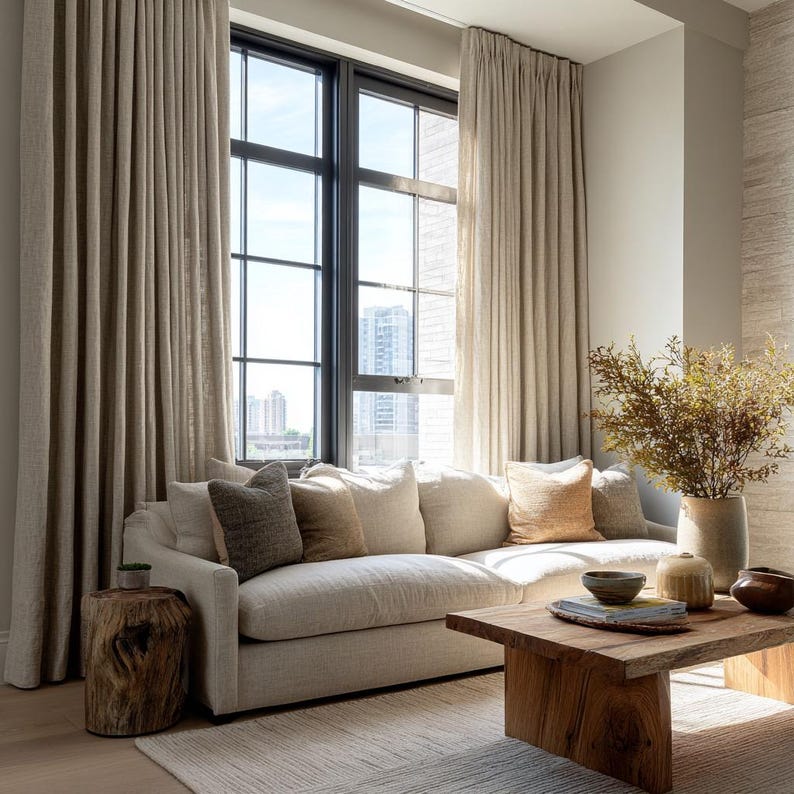 May include: A neutral-toned living room with a large window, beige curtains, and a cream-colored sofa. Decorative pillows in various shades of brown and beige adorn the sofa. A wooden coffee table and a tree stump side table add natural elements.