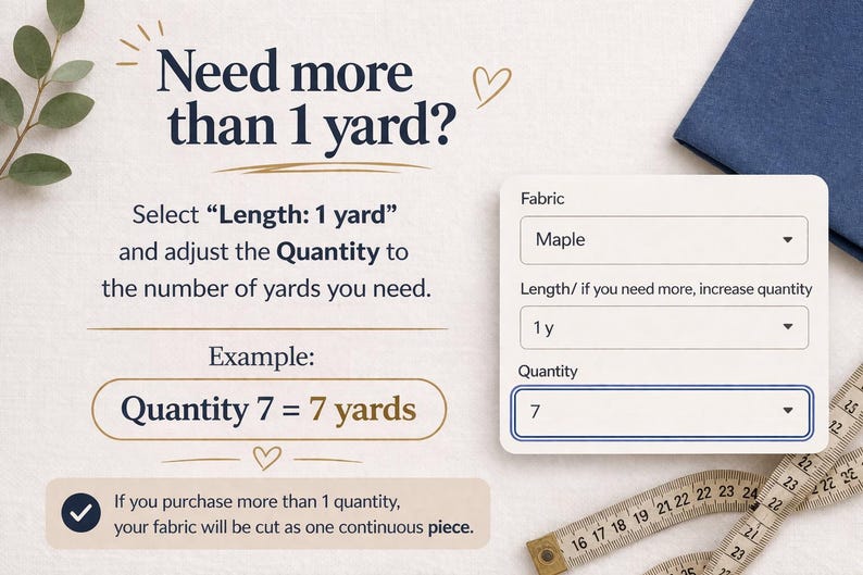 Pu&ograve; includere: Un grafico illustrativo per ordinare il tessuto con il testo Need more than 1 yard? Select Length: 1 yard and adjust the Quantity to the number of yards you need. Example: Quantity 7 = 7 yards. Include un menu a tendina e un metro a nastro.