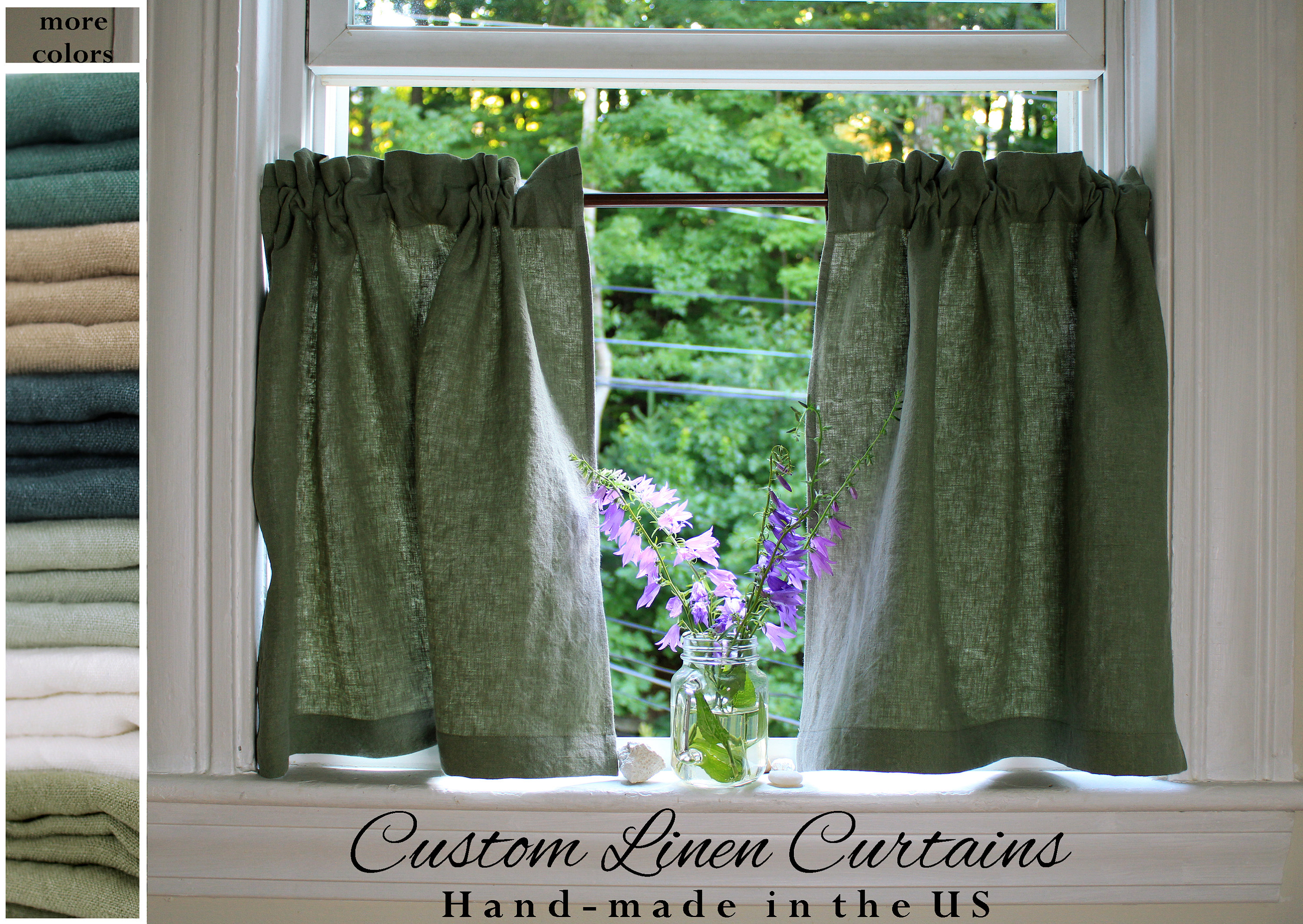 100% Linen Cafe Curtains made in USA / Washed Heavy linen Curtain / Rustic Kitchen Curtains Rod Pocket Ruffles / Custom Curtains / 1 PANEL
