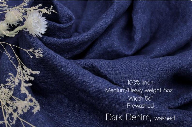 100% Washed Heavy-Medium weight Linen Fabric by the yard for clothing / Soft Heavyweight Linen Fabric for curtains / Premium Linen Fabric Dark Denim w-d