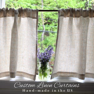 Gingham Linen Curtains | Check Linen Curtains | Rod pocket Cafe Curtains | Soft Mediumweight Kitchen Curtains | Custom Sizes | 1 Panel