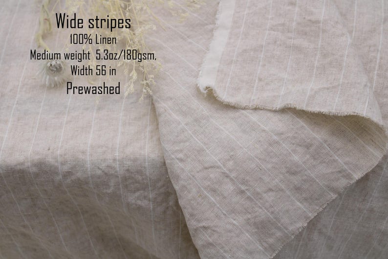 Premium European Flax Certified Linen Fabric / Natural Beige Brown Linen Fabric by the Yard / Fabric for Clothing & Home Decor Wide Stripes prew-ed