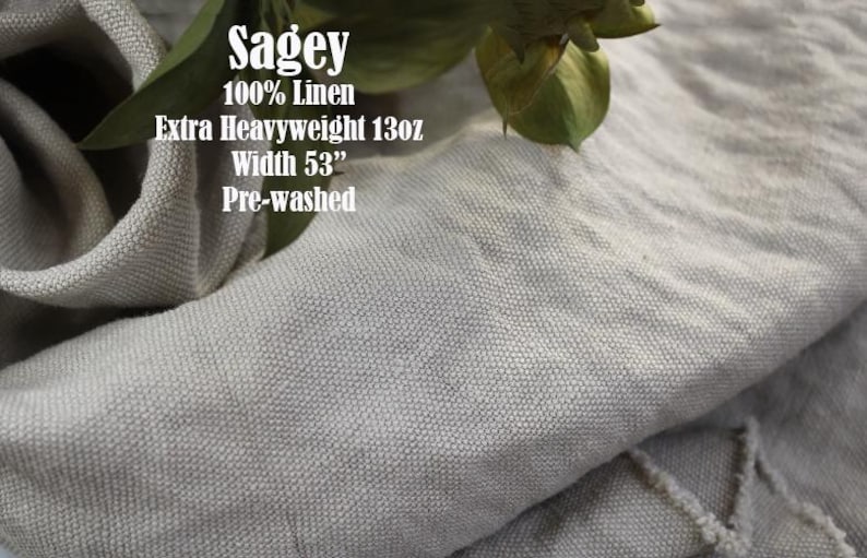 Pu&ograve; includere: Un pezzo di tessuto di lino 100% grigio chiaro, extra pesante, con una trama visibile. Il tessuto &egrave; prelavato e presenta il testo stampato: Sagey, 100% Linen, Extra Heavyweight 13oz, Width 53", Pre-washed.