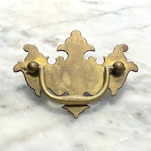 Antique /  Vintage / Queen Anne Style / Chippendale / Hand Cut & Filed / Solid Flat Brass Drawer Drop Bail Pull