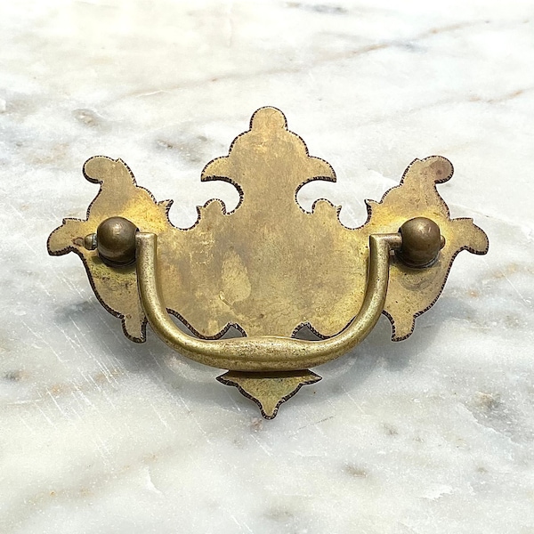 Antique /  Vintage / Queen Anne Style / Chippendale / Hand Cut & Filed / Solid Flat Brass Drawer Drop Bail Pull