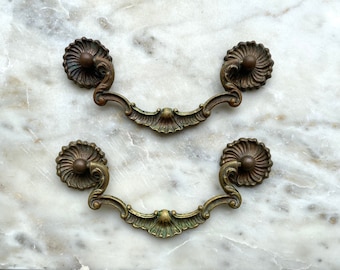 Pair of 2 Eighteenth Century Antique French / Rococo Style Ornate Cast Brass Drop Drawer Pulls with Rosette Backplates