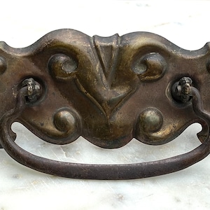 Pair of 2 Antique Victorian Art Nouveau Stamped Brass / Double Post / Drop Bail Drawer Pull with Dark Patina