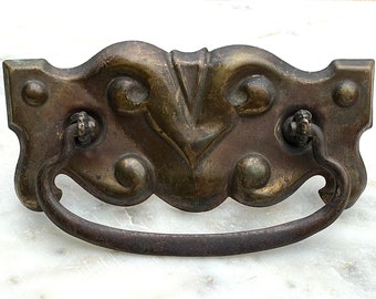Pair of 2 Antique Victorian Art Nouveau Stamped Brass / Double Post / Drop Bail Drawer Pull with Dark Patina