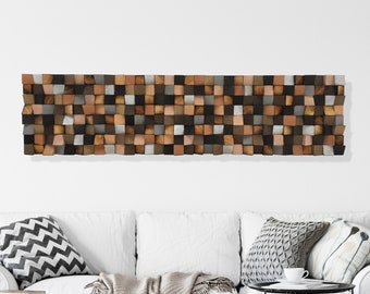 Reclaimed Wood Wall Art - Sound Diffuser, Brown Beige Gray Mosaic