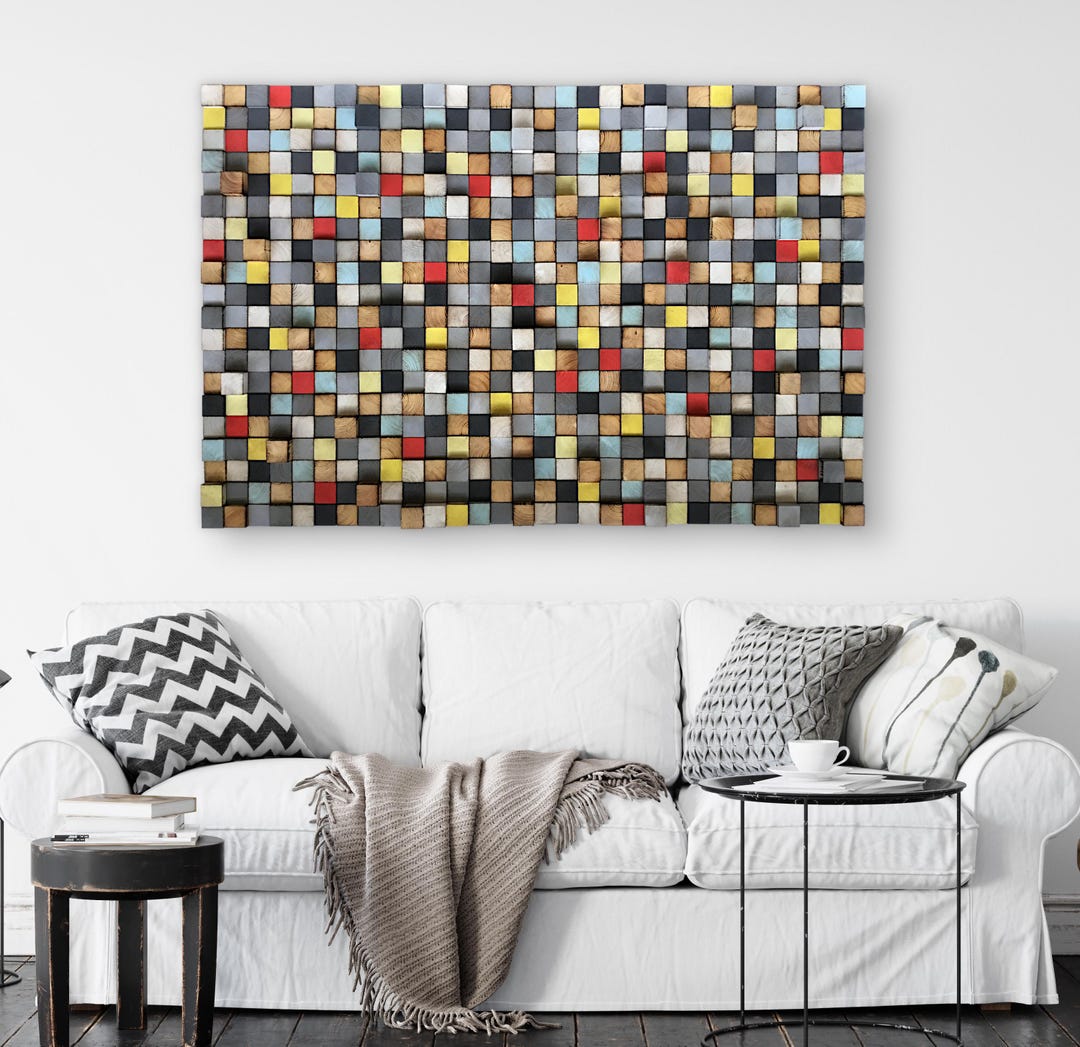 Reclaimed Wood Mosaic Wall Art – Geometric Colorful Wood Blocks - Etsy