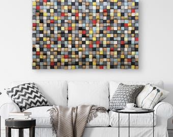 Reclaimed Wood Mosaic Wall Art – Geometric Colorful Wood Blocks