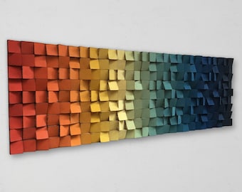 Arte murale in mosaico di legno di recupero – Diffusore sonoro geometrico, accento colorato