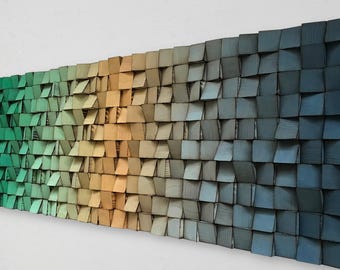 Ombre Reclaimed Wood Wall Art – Green, Gold, and Blue Mosaic