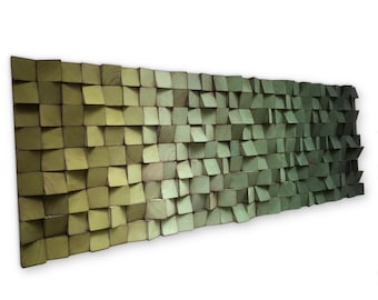 May include: A wall art piece made of wood blocks in shades of green, arranged in a gradient pattern. The blocks are stacked in a staggered pattern, creating a three-dimensional effect.