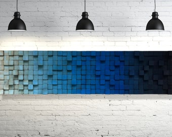 Muurkunst ombre teruggewonnen hout – Geluidsdiffusor blauw hout