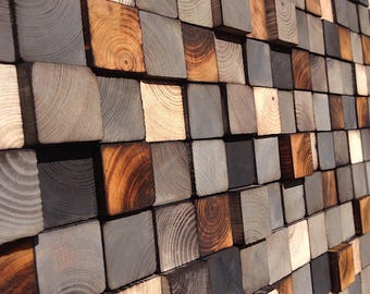 Cabecero de mosaico geométrico hecho a mano con madera reciclada
