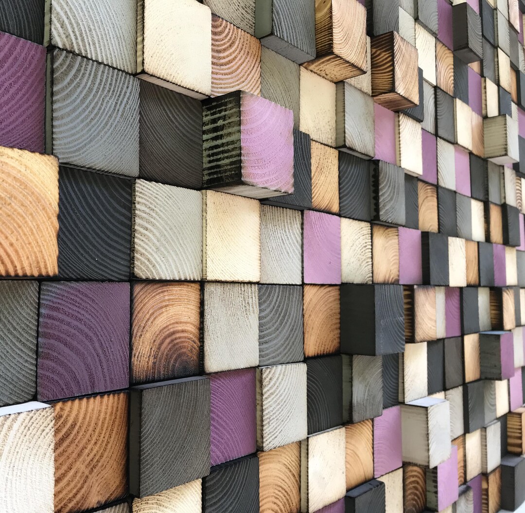 Reclaimed Wood Mosaic Wall Art – Gray & Purple Wood Block Decor - Etsy