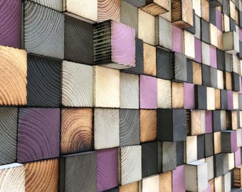Reclaimed Wood Mosaic Wall Art – Gray & Purple Wood Block Decor