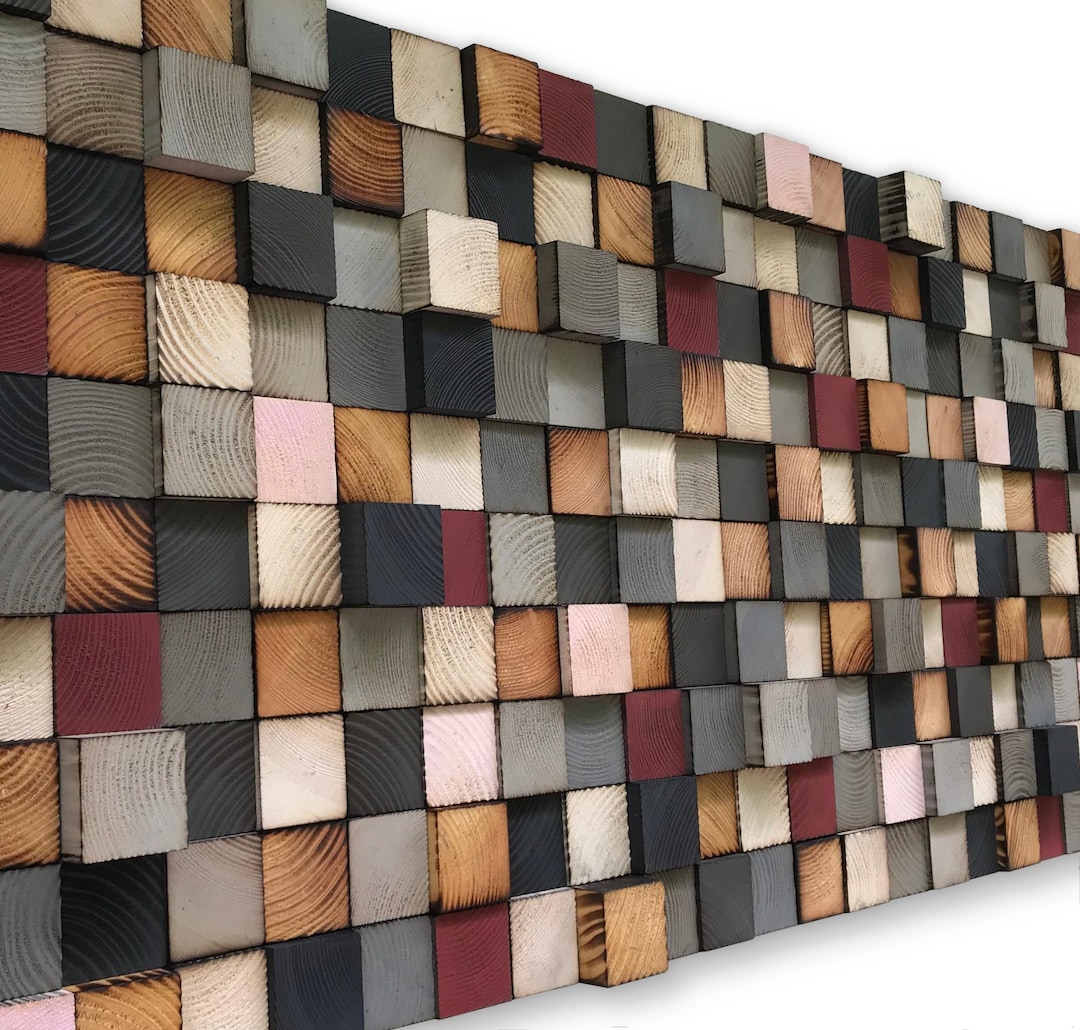Reclaimed Wood Mosaic Wall Art – Hand-painted Wooden Blocks - Etsy